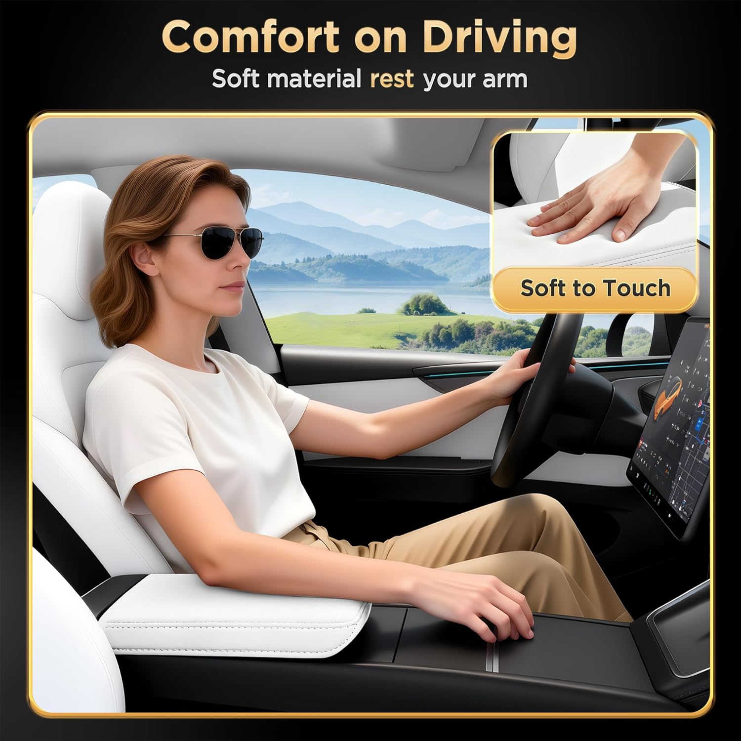 for Tesla Model Y Juniper(2025-2026) & Model 3(2024-2026) Leather Center Console Cover [Soft Touch & Match Seat Color] Armrest Cover for Tesla Model 3 & Model Y Juniper Accessories White